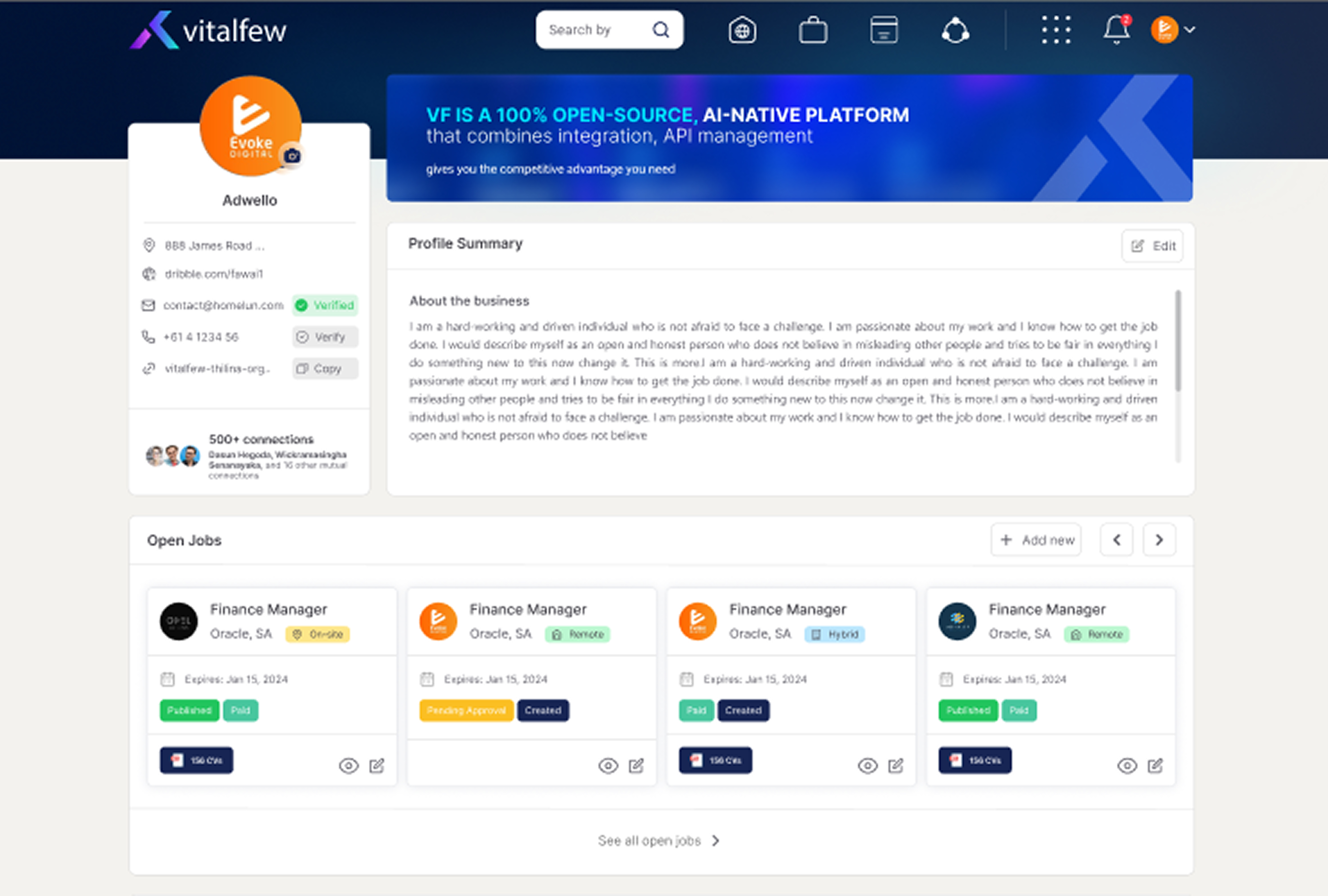 Organisation profile page showing summary, sections, and content cards