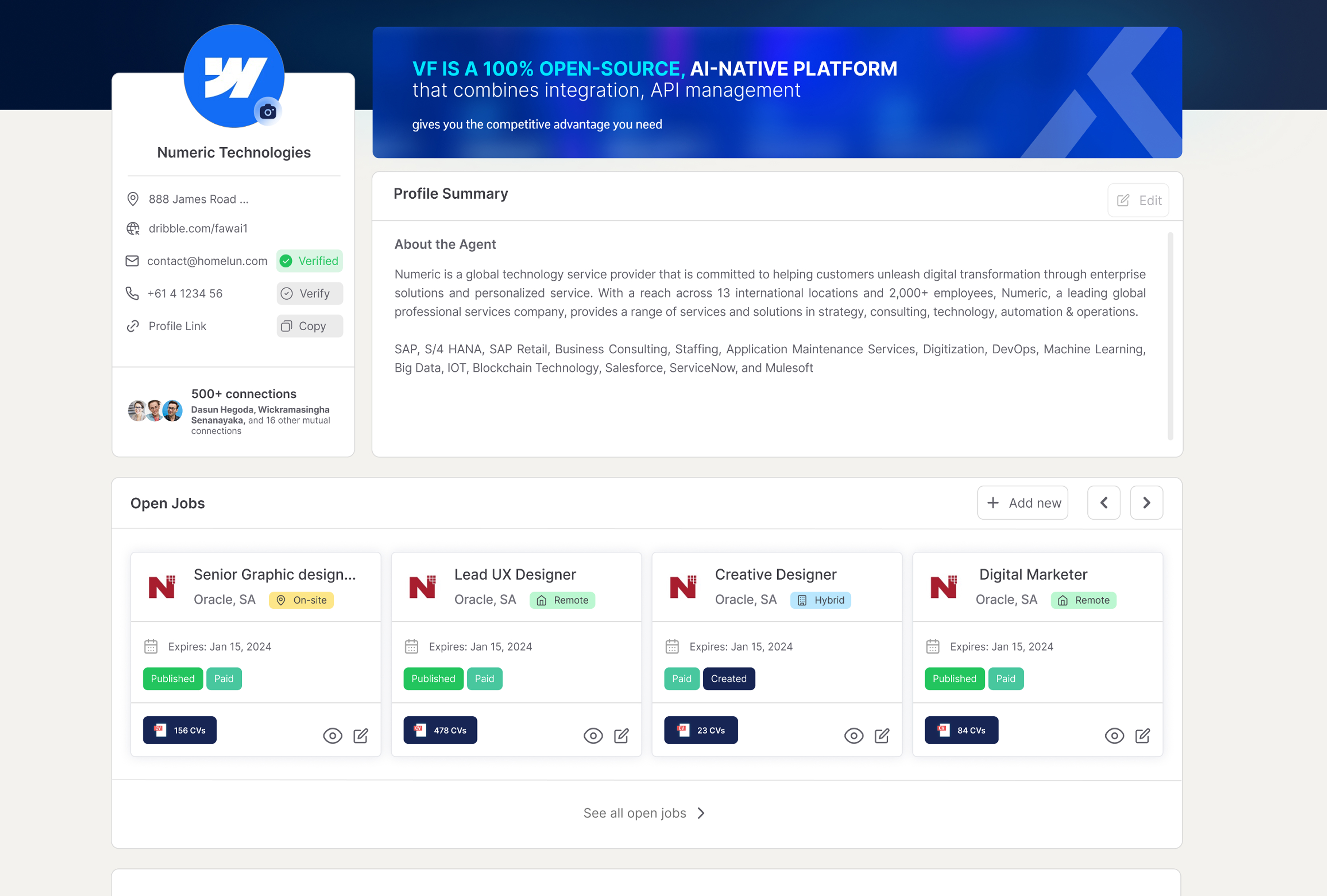 Agent profile page showing summary, sections, and content cards