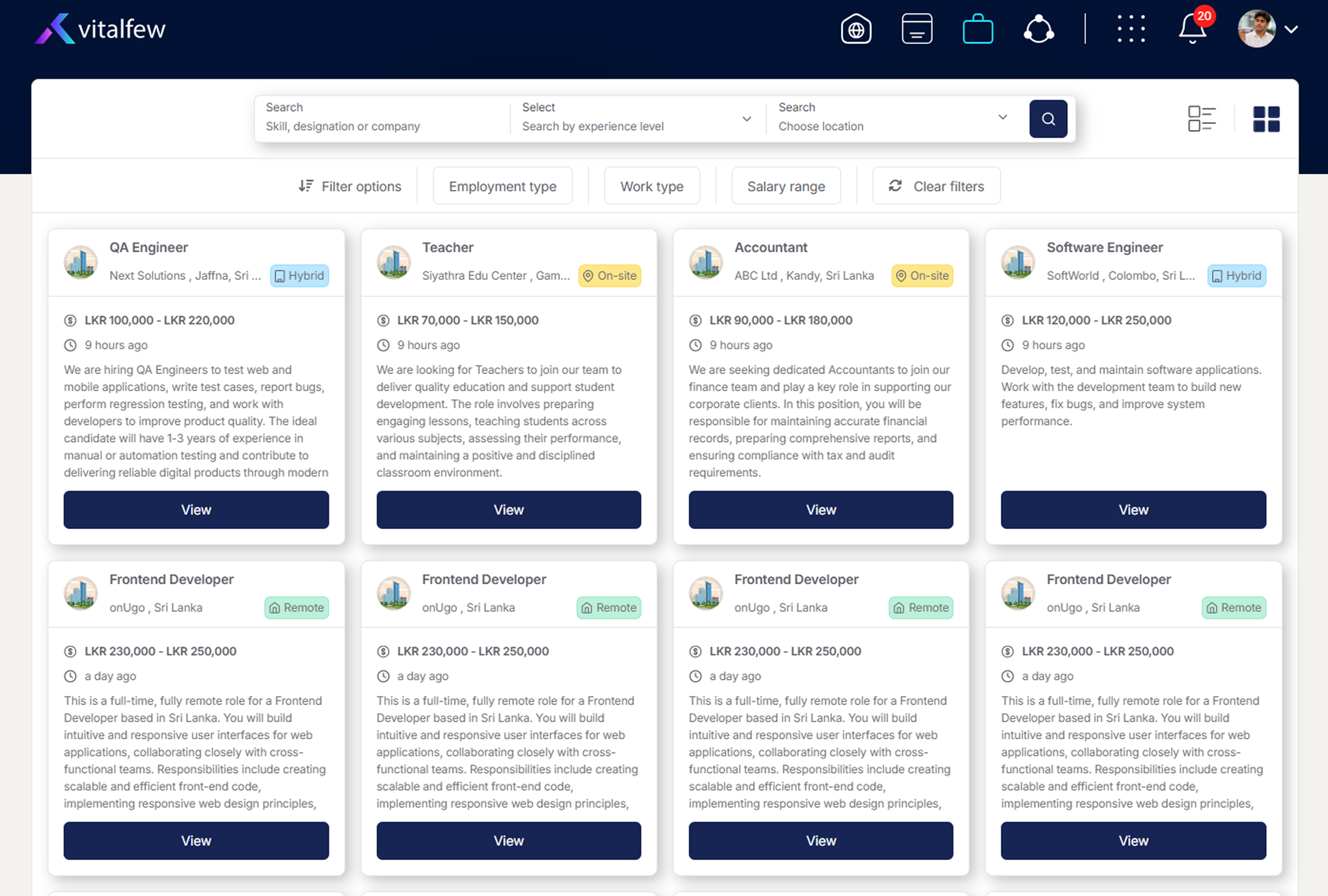 VitalFew job search and filter screen