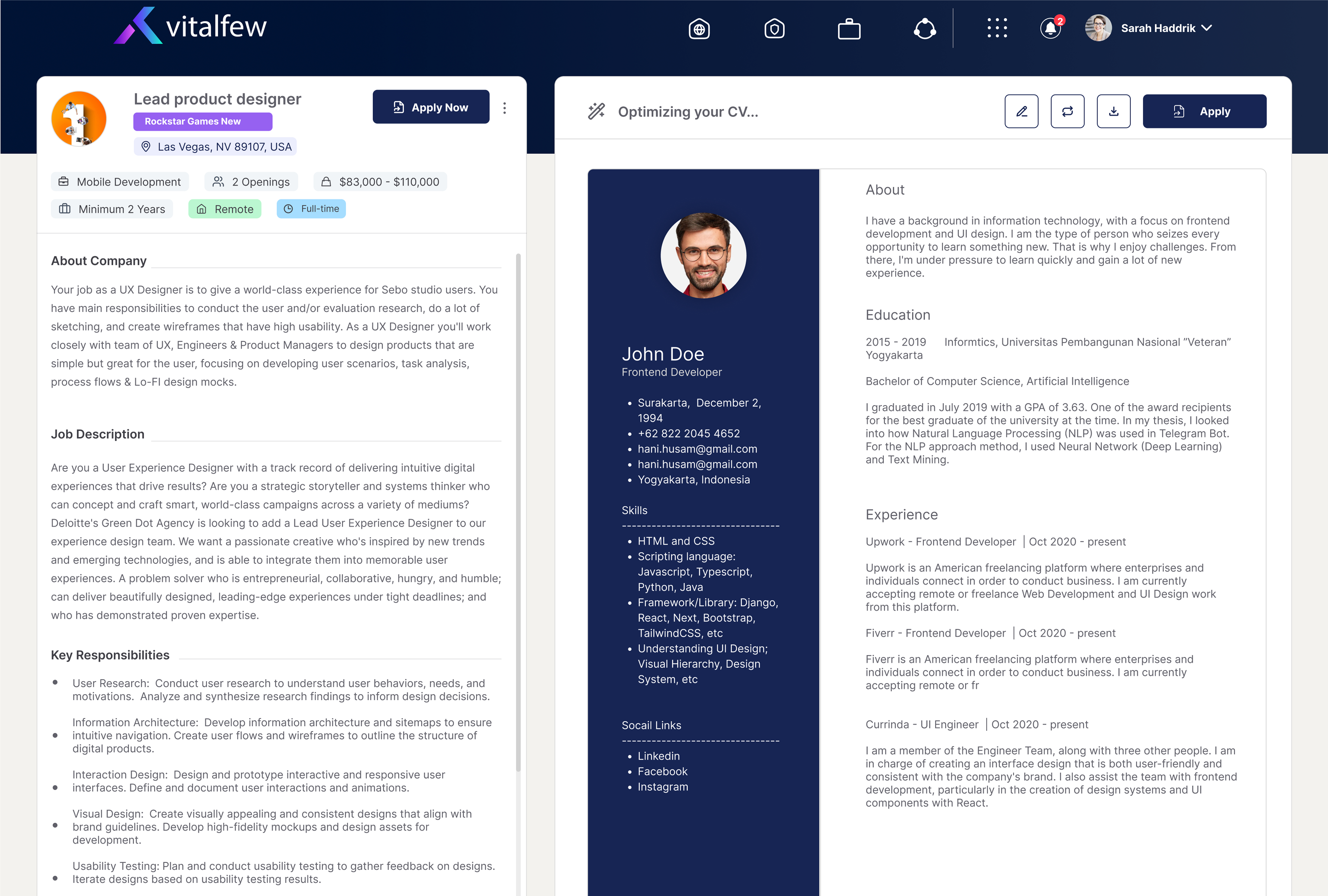 VitalFew after creating tailored resume screen