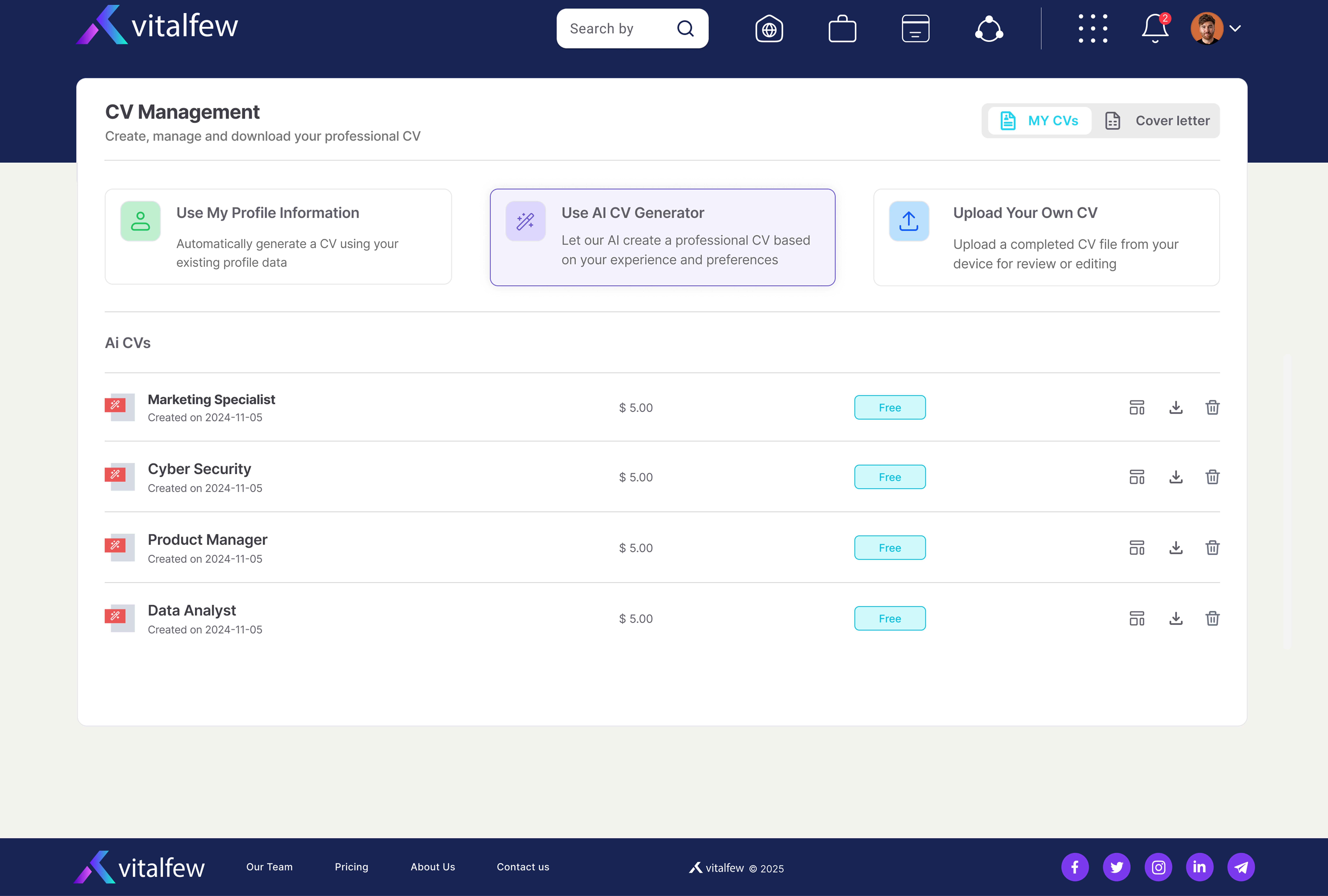 VitalFew resume management screen