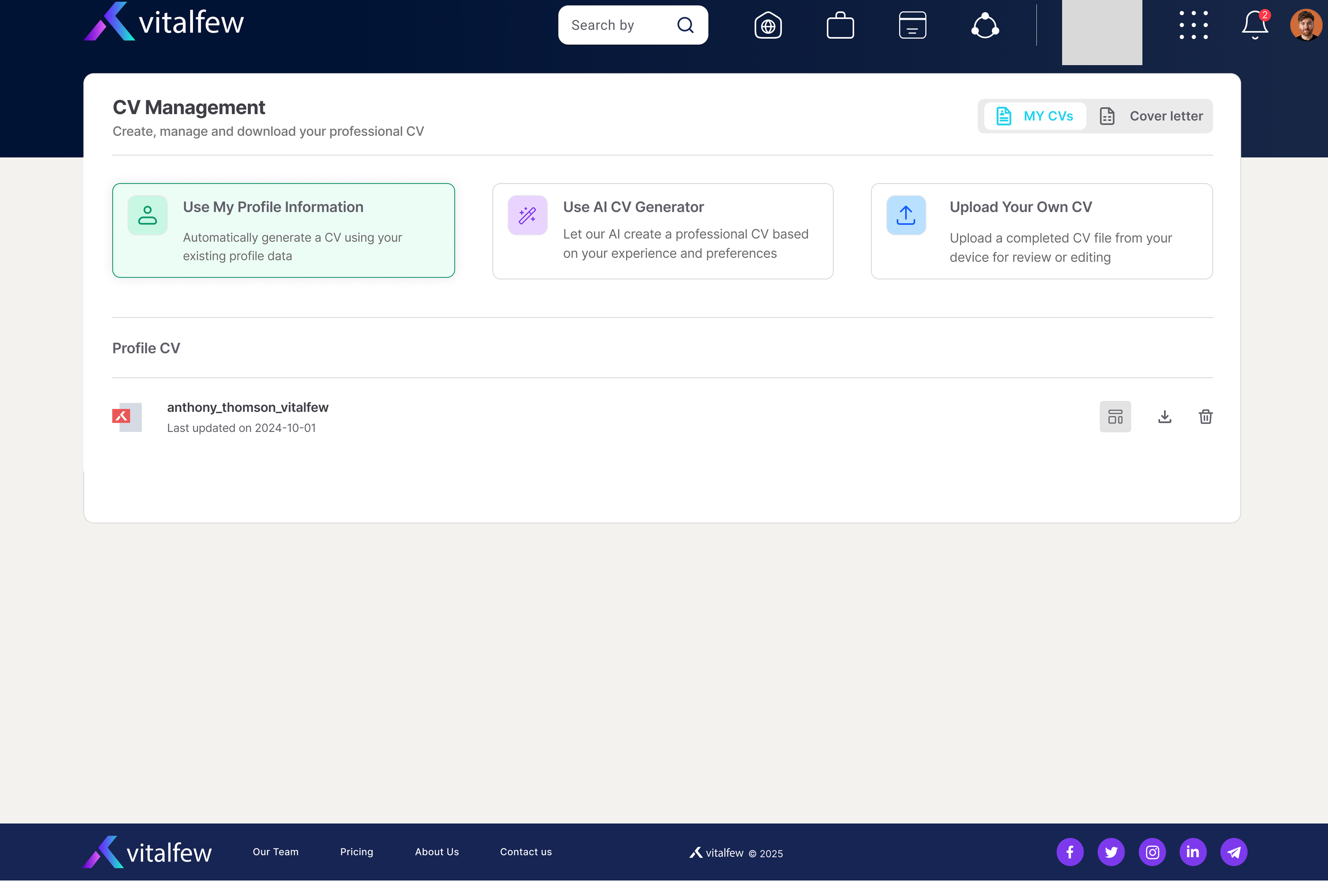 VitalFew applied, saved and closed jobs screen