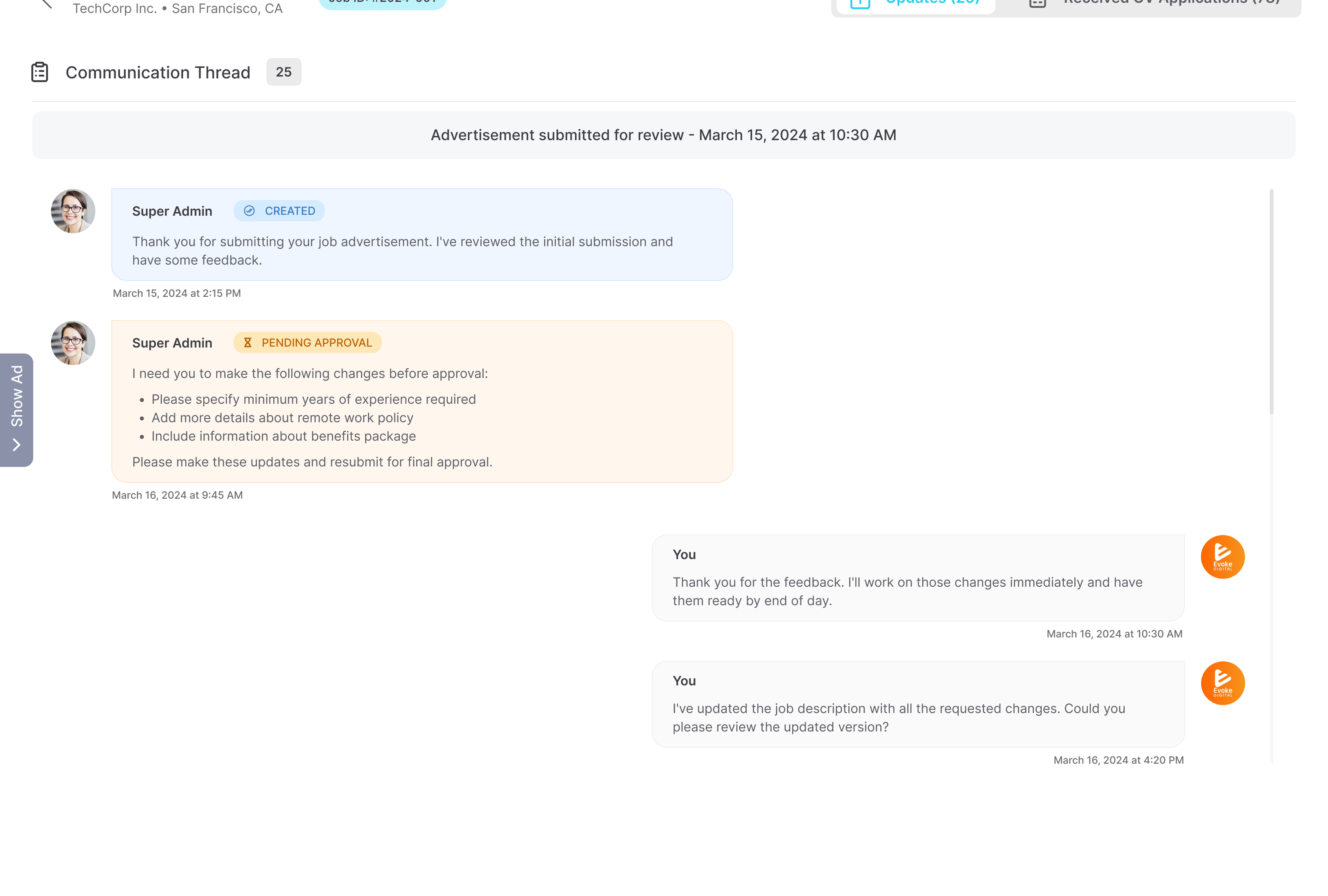 Support chat interface